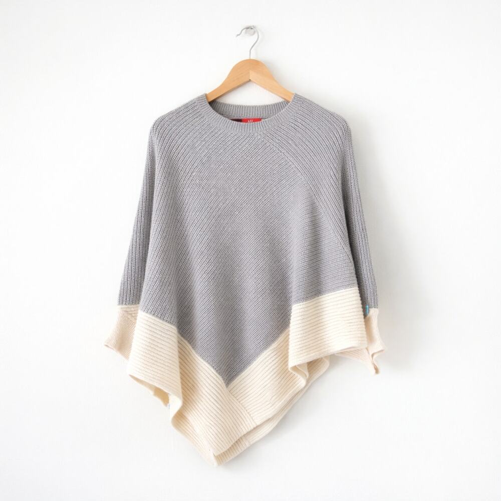 ETC Colorblock Knit Crew Neck Sweater Poncho Gray/Cream S